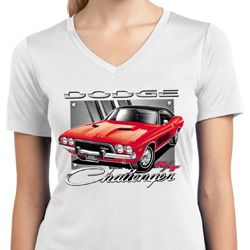 Ladies Shirt Red Challenger White Moisture Wicking V-neck Tee T-Shirt