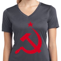 Ladies Shirt Red Hammer And Sickle Moisture Wicking V-neck Tee T-Shirt