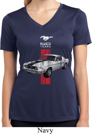 Ladies Shirt Red Stripe 50 Years Boss Moisture Wicking V-neck Tee