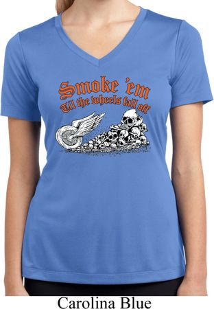 Ladies Shirt Smoke Em Moisture Wicking V-neck Tee