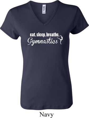 Ladies Shirt White Eat Sleep Breathe Gymnastics V-neck Tee T-Shirt