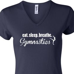 Ladies Shirt White Eat Sleep Breathe Gymnastics V-neck Tee T-Shirt