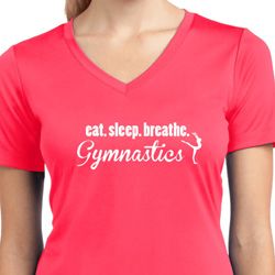 Ladies Shirt White Eat Sleep Gymnastics Moisture Wicking V-neck Tee