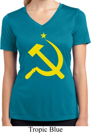 Ladies Shirt Yellow Hammer And Sickle Moisture Wicking V-neck Tee