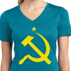 Ladies Shirt Yellow Hammer And Sickle Moisture Wicking V-neck Tee