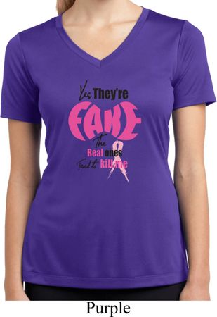 Ladies Shirt Yes, They're Fake Moisture Wicking V-neck Tee T-Shirt