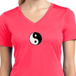Ladies Shirt Yin Yang Patch Small Print Moisture Wicking V-neck Tee