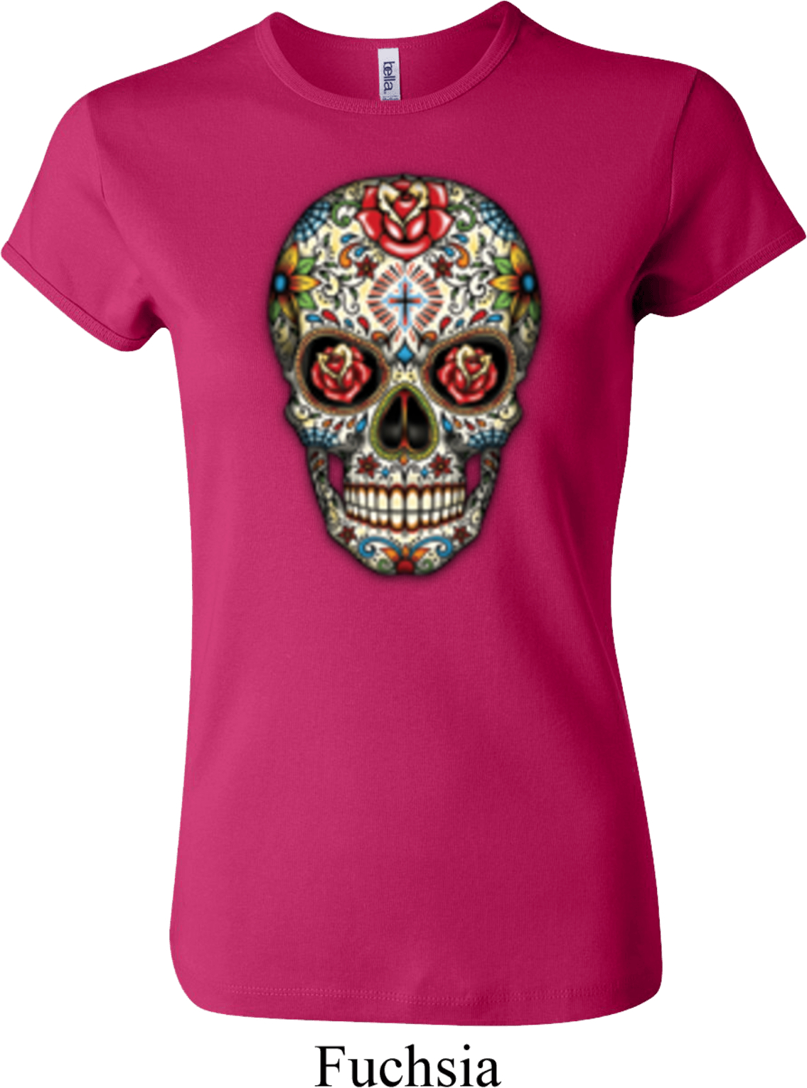 Ladies Skull Shirt Sugar Skull with Roses Crewneck Tee TShirt Sugar