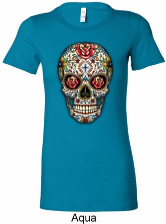 Ladies Skull Shirt Sugar Skull with Roses Longer Length Tee T-Shirt