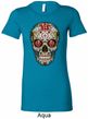 Ladies Skull Shirt Sugar Skull with Roses Longer Length Tee T-Shirt