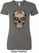 Ladies Skull Shirt Sugar Skull with Roses Longer Length Tee T-Shirt