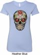 Ladies Skull Shirt Sugar Skull with Roses Longer Length Tee T-Shirt