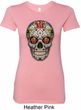 Ladies Skull Shirt Sugar Skull with Roses Longer Length Tee T-Shirt