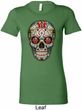 Ladies Skull Shirt Sugar Skull with Roses Longer Length Tee T-Shirt