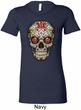 Ladies Skull Shirt Sugar Skull with Roses Longer Length Tee T-Shirt