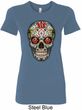 Ladies Skull Shirt Sugar Skull with Roses Longer Length Tee T-Shirt