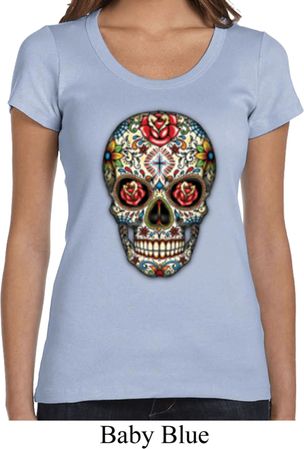 Ladies Skull Shirt Sugar Skull with Roses Scoop Neck Tee T-Shirt