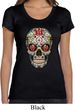 Ladies Skull Shirt Sugar Skull with Roses Scoop Neck Tee T-Shirt