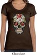 Ladies Skull Shirt Sugar Skull with Roses Scoop Neck Tee T-Shirt