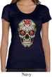 Ladies Skull Shirt Sugar Skull with Roses Scoop Neck Tee T-Shirt