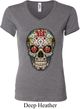 Ladies Skull Shirt Sugar Skull with Roses V-neck Tee T-Shirt