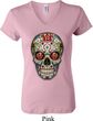 Ladies Skull Shirt Sugar Skull with Roses V-neck Tee T-Shirt