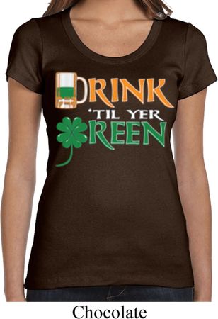 Ladies St Patrick's Day Shirt Drink Til Yer Green Scoop Neck Tee