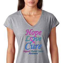 Ladies Thyroid Cancer Hope Love Cure Tri Blend V-neck