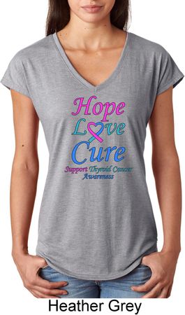 Ladies Thyroid Cancer Hope Love Cure Tri Blend V-neck