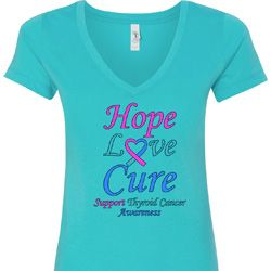 Ladies Thyroid Cancer Hope Love Cure V-Neck