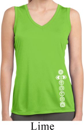 Ladies White 7 Chakras Bottom Print Sleeveless Moisture Wicking Tee