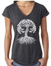 Clearance - Ladies White Celtic Tree of Life Yoga V-neck Tee - Heather Dark Grey Clearance - Ladies White Celtic Tree of Life Yoga V-neck Tee - Heather Dark Grey