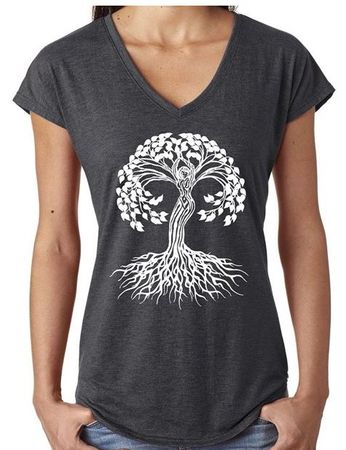 Clearance - Ladies White Celtic Tree of Life Yoga V-neck Tee - Heather Dark Grey
