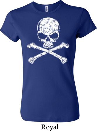 Ladies White Distressed Skull Crewneck Shirt