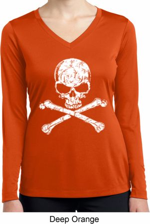 Ladies White Distressed Skull Dry Wicking Long Sleeve Shirt
