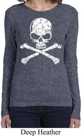 Ladies White Distressed Skull Long Sleeve Shirt