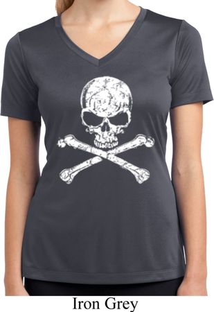 Ladies White Distressed Skull Moisture Wicking V-neck Shirt