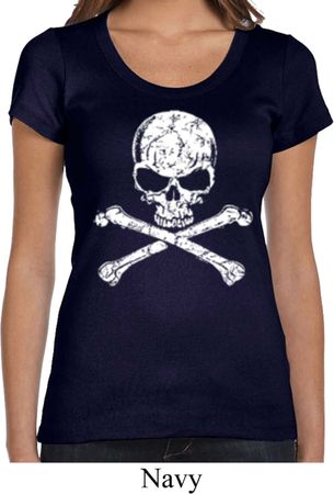 Ladies White Distressed Skull Scoop Neck Shirt