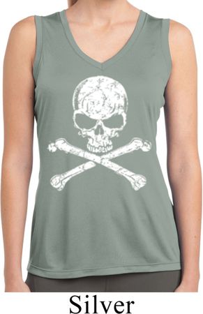 Ladies White Distressed Skull Sleeveless Moisture Wicking Shirt