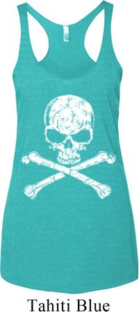 Ladies White Distressed Skull Tri Blend Racerback Tank Top