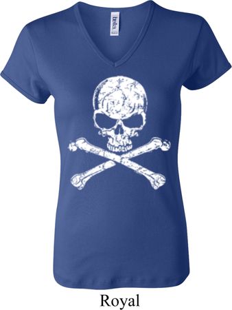 Ladies White Distressed Skull V-neck Shirt