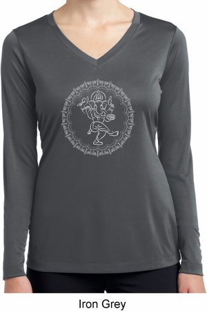 Ladies Yoga Circle Ganesha White Print Dry Wicking Long Sleeve