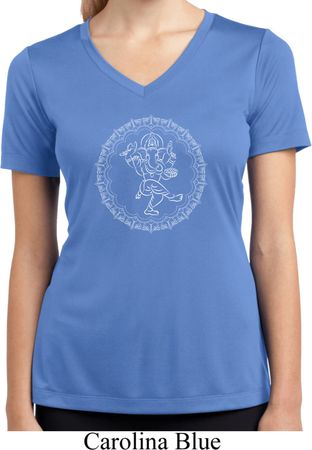 Ladies Yoga Circle Ganesha White Print Moisture Wicking V-neck