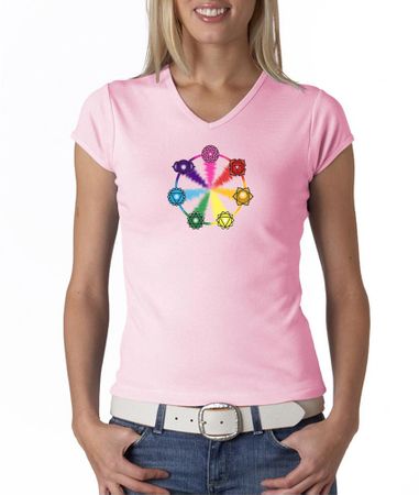 Ladies Yoga Shirt 7 Chakra Circle V-neck Tee T-Shirt