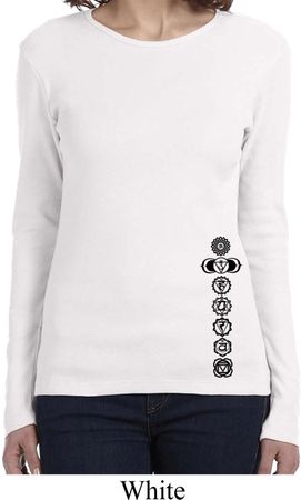 Ladies Yoga Shirt Black 7 Chakras Bottom Print Long Sleeve Tee T-Shirt