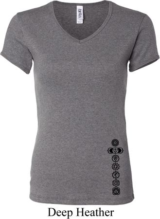 Ladies Yoga Shirt Black 7 Chakras Bottom Print V-neck Tee T-Shirt