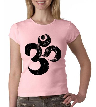 Ladies Yoga Shirt Black Distressed OM Crewneck Tee T-Shirt