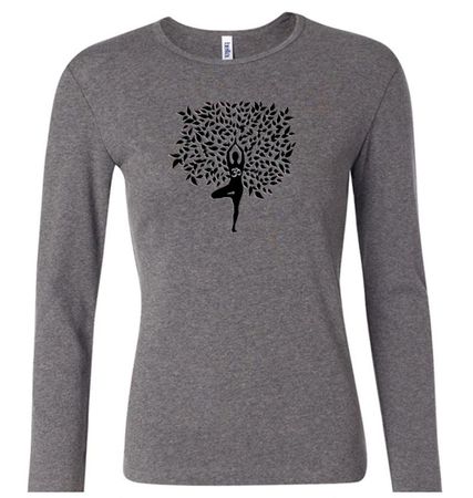 Ladies Yoga Shirt Black Tree Pose Long Sleeve Tee T-Shirt