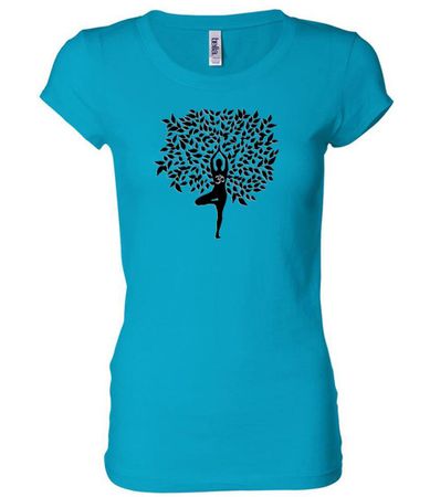 Ladies Yoga Shirt Black Tree Pose Longer Length Tee T-Shirt