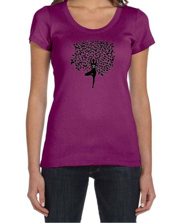 Ladies Yoga Shirt Black Tree Pose Scoop Neck Tee T-Shirt
